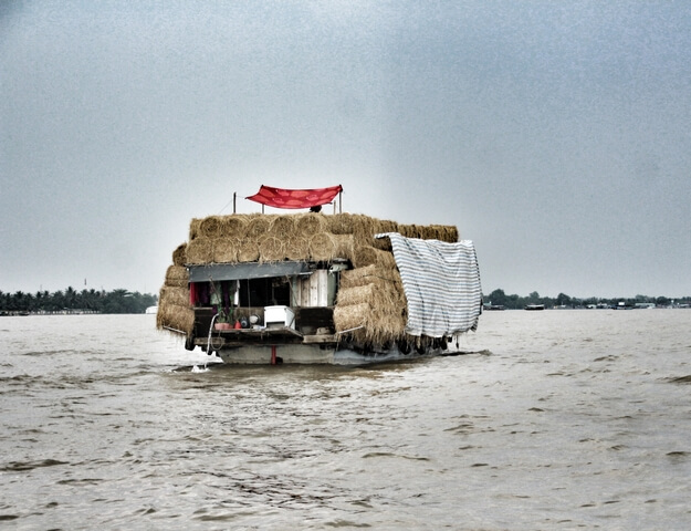 Delta del Mekong rio con barcazas