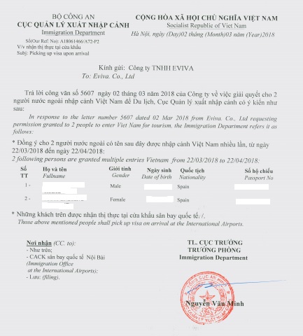 Carta recomendación entrada vietnam