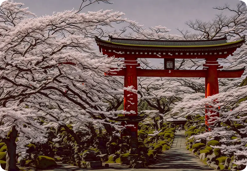 árbol de sakura puerta torii y pabellón en el santuario de hakone hakone
