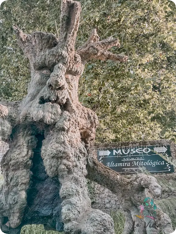 Entrada al Museo Altamira Mitológica en Santillana del Mar, donde hay un gran arbol con vida